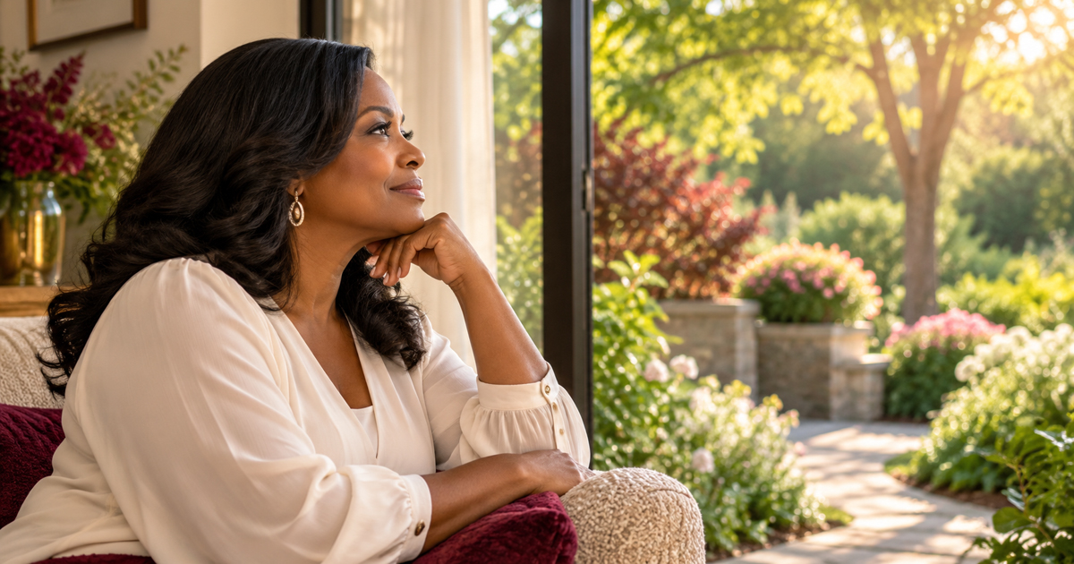 A woman sitting thoughtfully beside a window overlooking a sunlit garden with lush greenery and pink flowers.