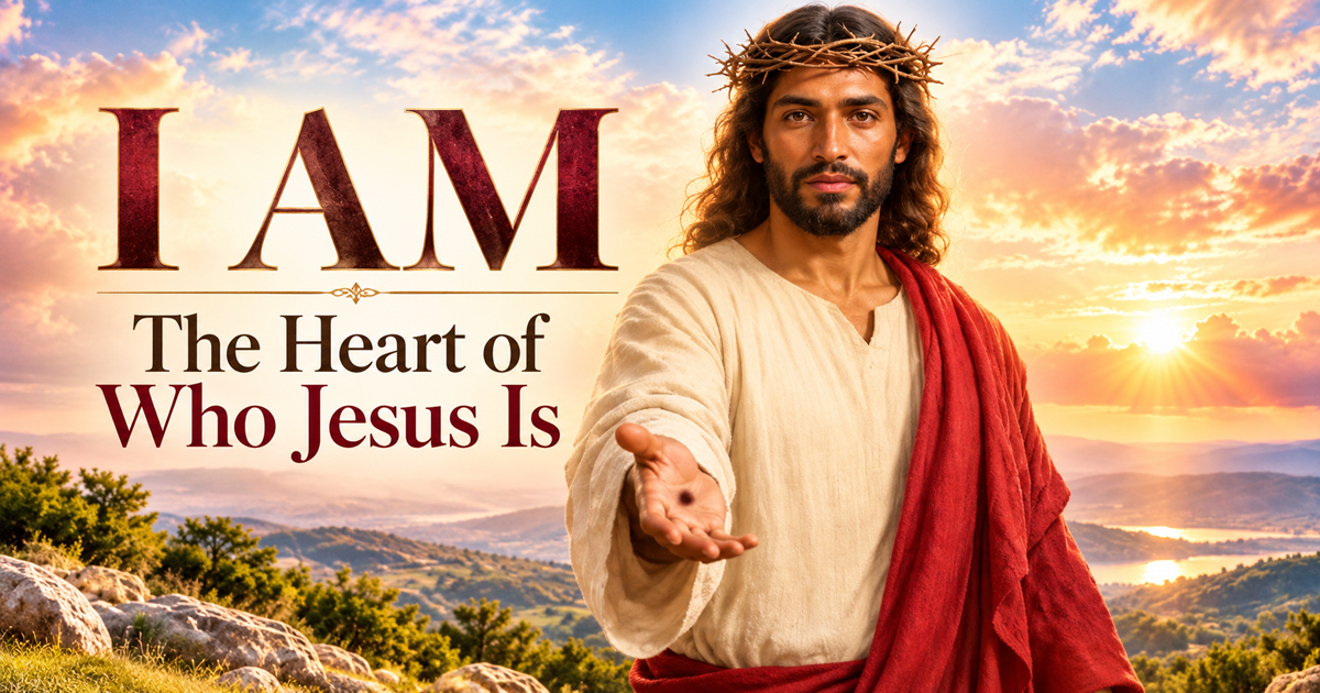 Jesus Christ wearing an ivory robe and burgundy shawl, extending His hand beneath a radiant sky, beside the words “I AM: The Heart of Who Jesus Is.”