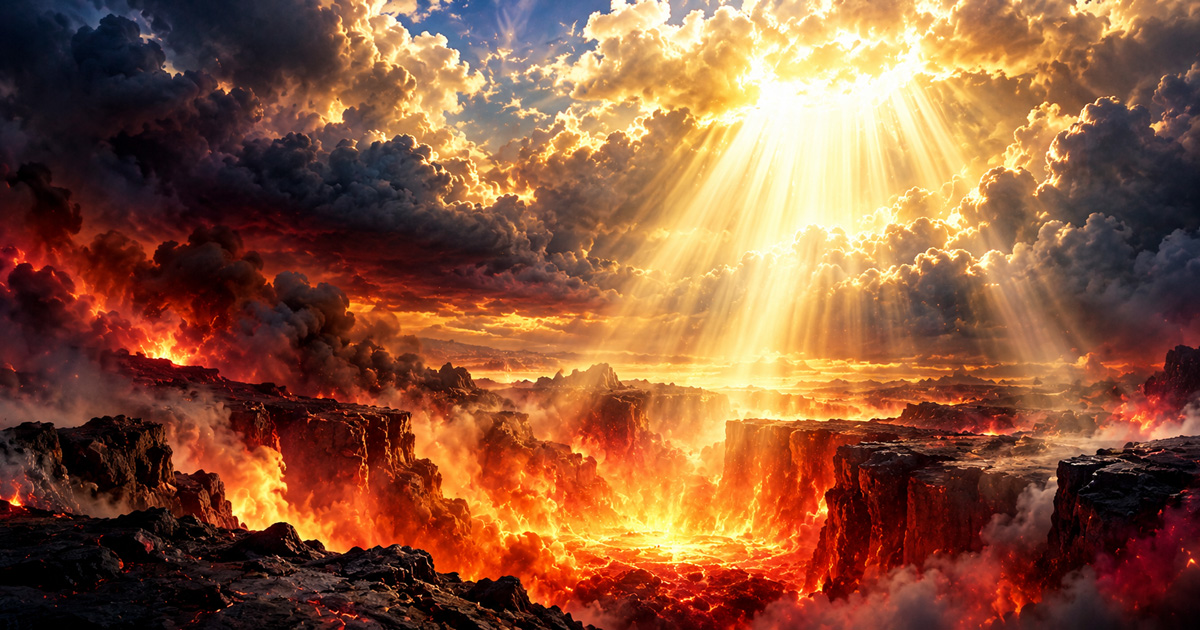 A dramatic biblical illustration of a fiery landscape beneath storm clouds, with brilliant golden light breaking through the heavens, symbolizing God's final victory over satan in Revelation 20.