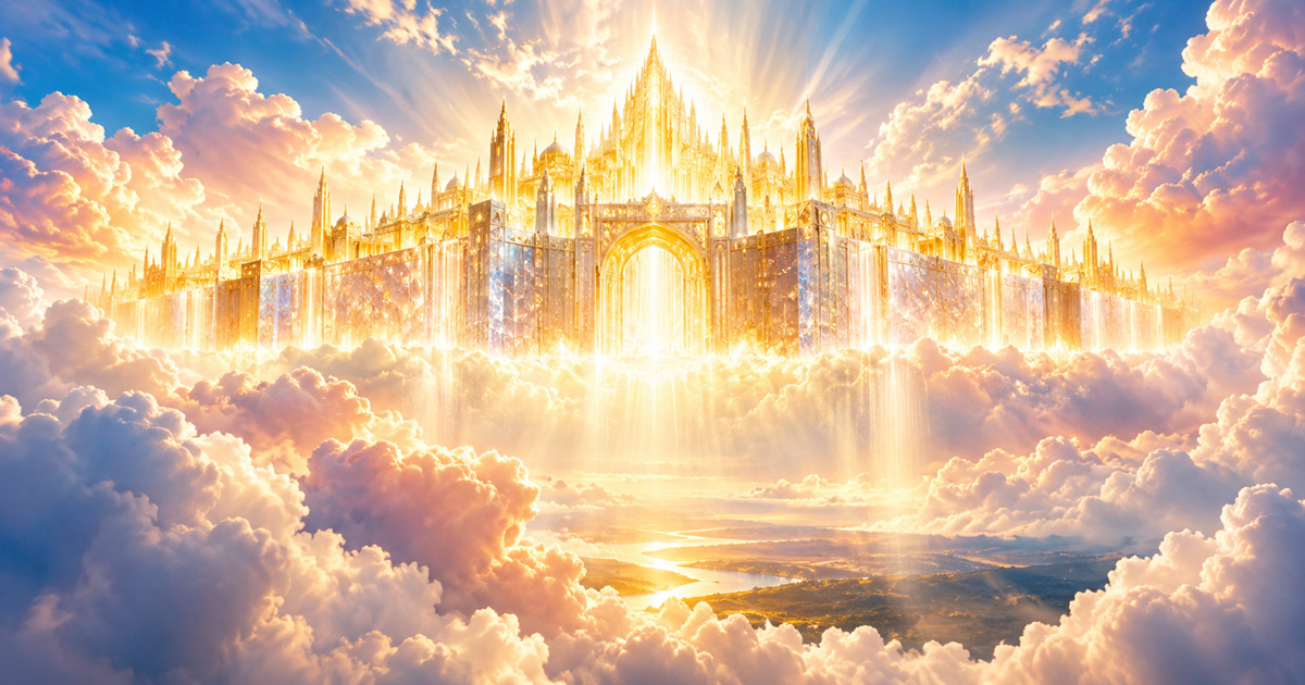Alt Text: A radiant artistic depiction of the New Jerusalem descending from heaven, surrounded by golden light and glorious clouds, inspired by Revelation 21:2.