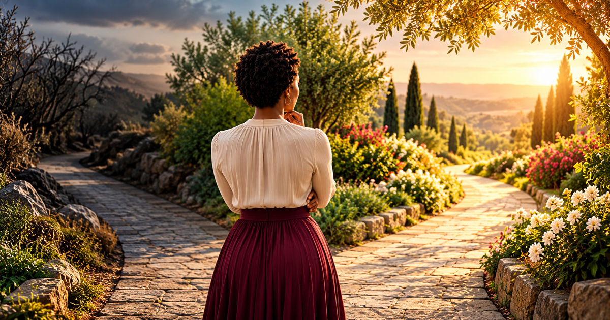 A woman stands at a fork in the road, considering two different paths, illustrating the choice to turn away from sin and walk in obedience to God.