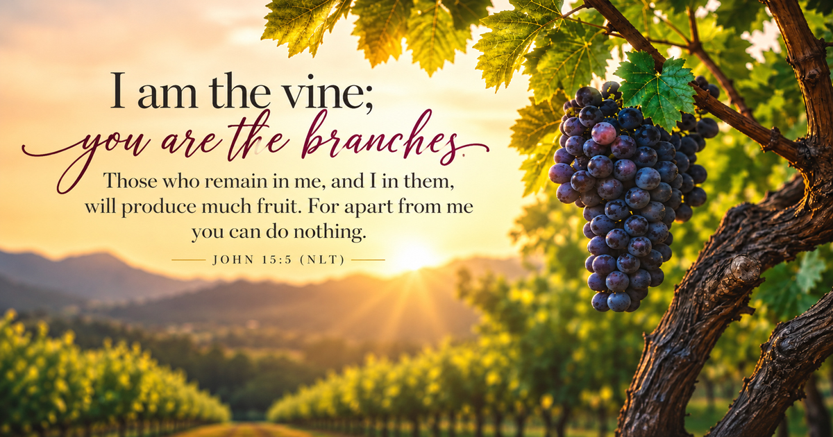 Scripture graphic of John 15:5 showing purple grapes growing on a vine in a sunlit vineyard, illustrating Jesus Christ's teaching about remaining in Him.