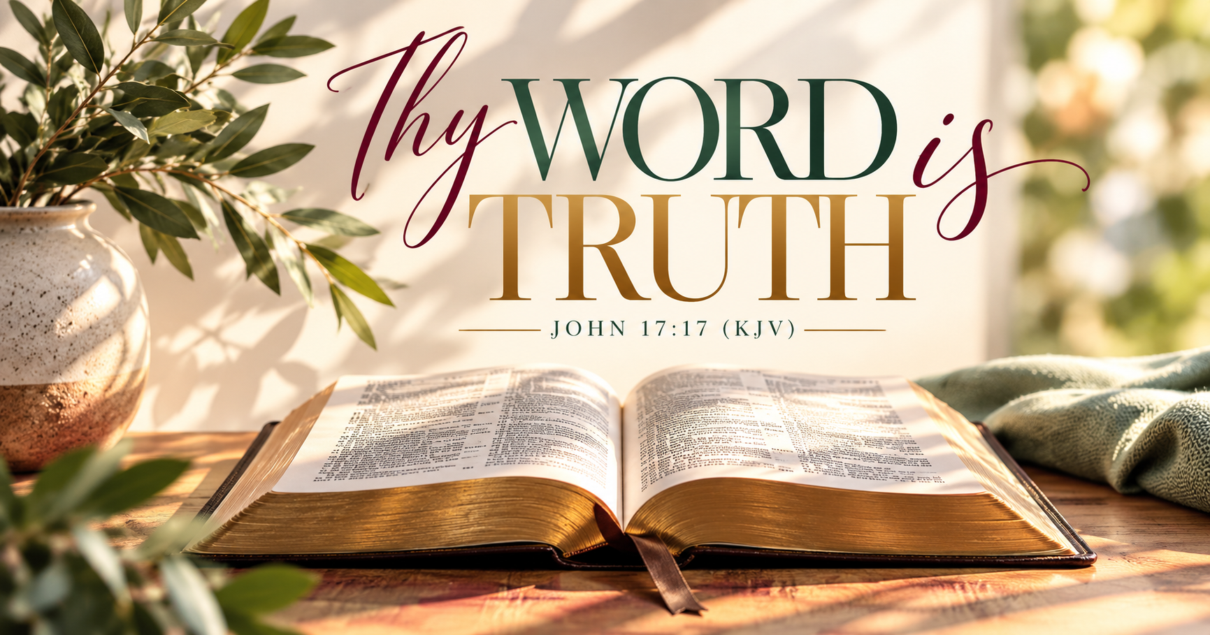 Open Bible illuminated by warm sunlight beneath the words “Thy Word Is Truth,” from John 17:17 (KJV), surrounded by greenery.