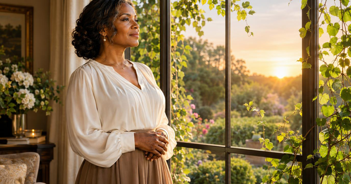 Mature woman standing beside a sunlit window overlooking a lush garden, reflecting peace, spiritual growth, and transformation in Christ.