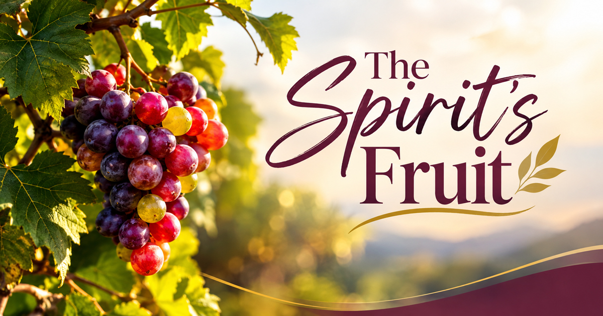 A sunlit cluster of colorful grapes and green vine leaves beside the words “The Spirit’s Fruit” in elegant burgundy and gold lettering.
