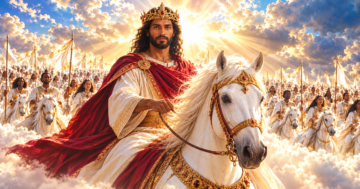 rtistic depiction of Jesus Christ wearing a golden crown and crimson robe, riding a white horse, followed by a great heavenly army dressed in white, beneath radiant golden clouds.